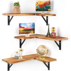 Corner Floating Shelves for Wall Set of 3, Rustic Wood Wall Shelves Storage